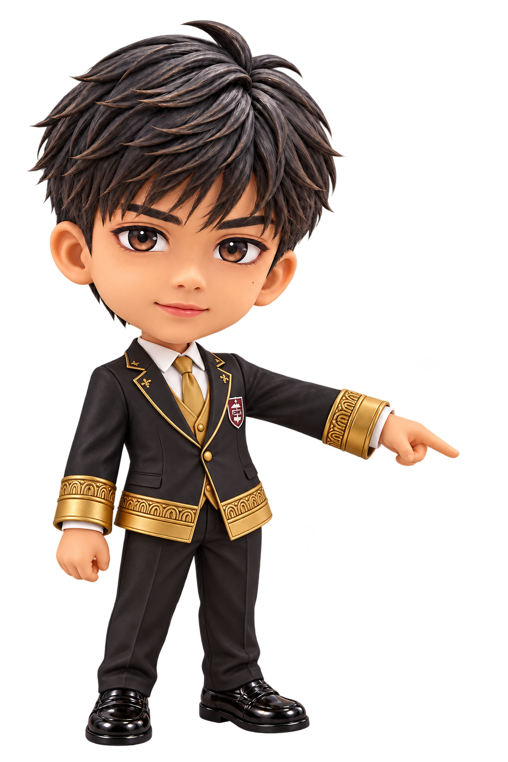 Anime mini-me of Anup in a tailored black-and-gold suit, pointing toward his introduction.